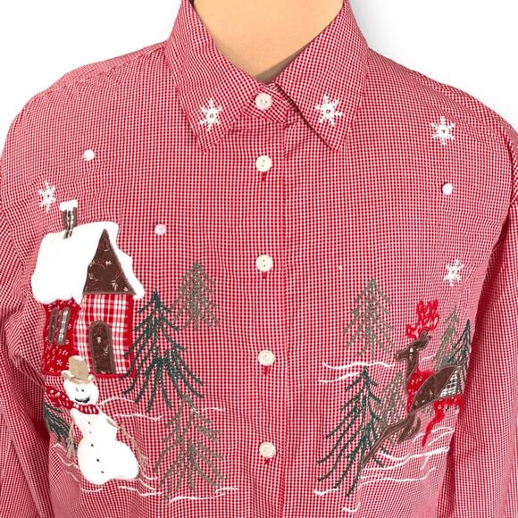 Vintage Tops - Vintage Karen Scott Red Gingham Christmas Shirt Snowman Reindeer Large Cabincore